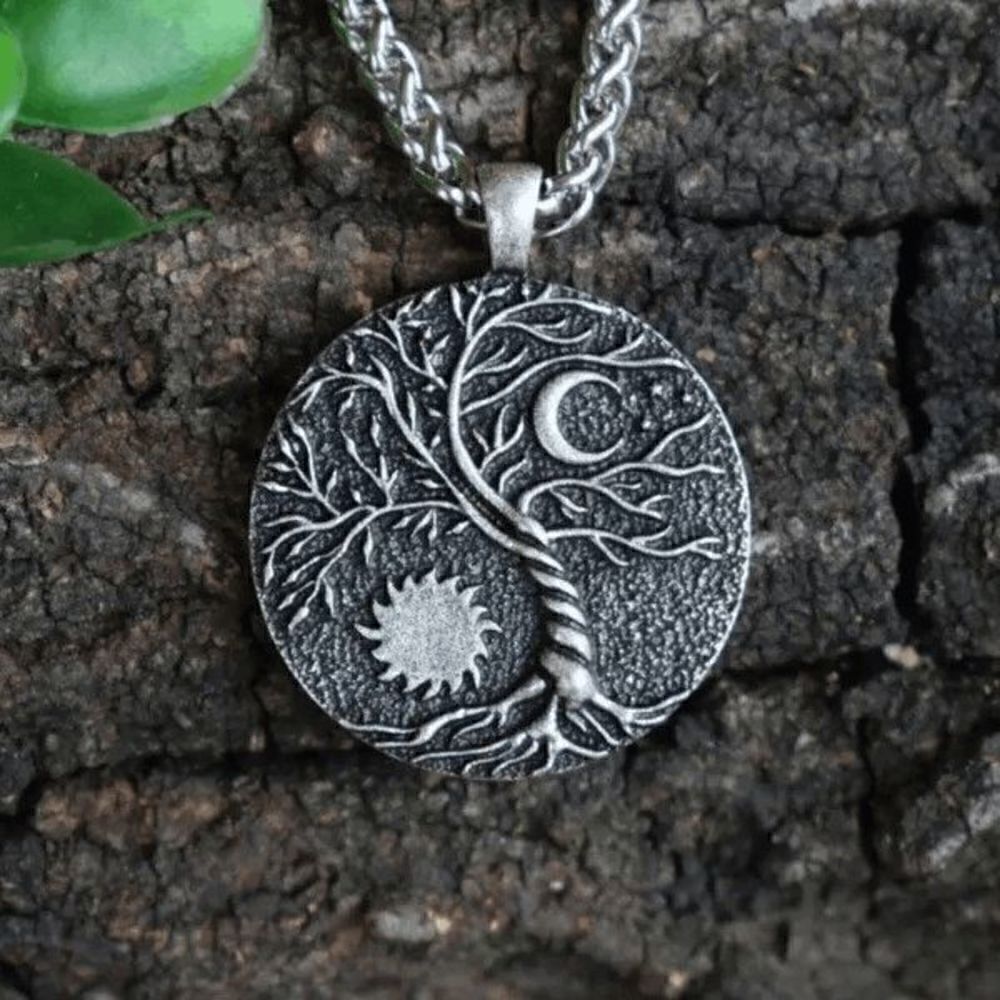 STAINLESS STEEL TREE OF LIFE SUN AND MOON UNISEX PENDANT NECKLACE